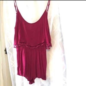 Pom Pom Trim Berry Red Romper